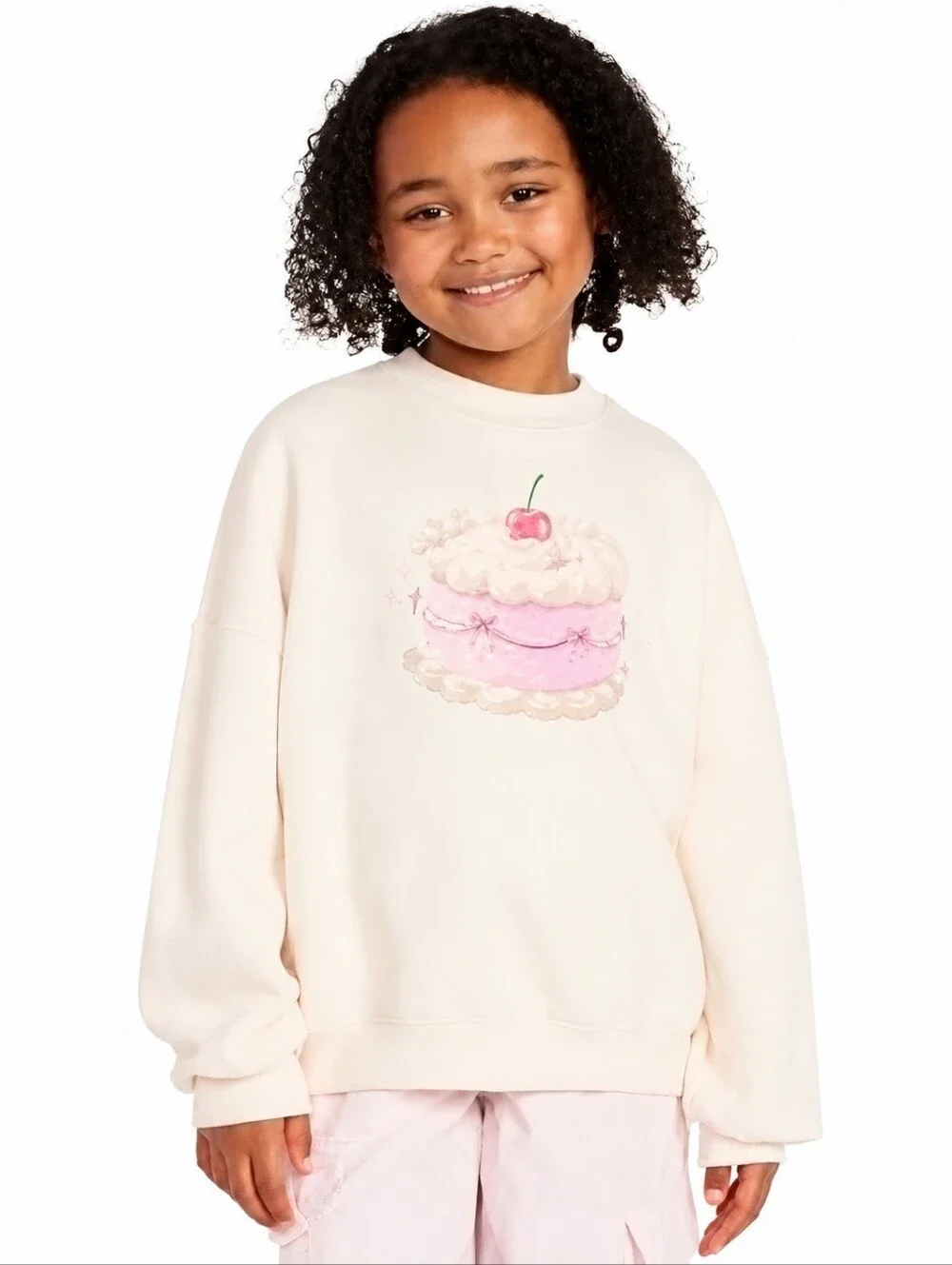 Old Navy Girls Graphic Fleece Sweatshirt Pink Cake Crew Neck Cream Size L 10-12